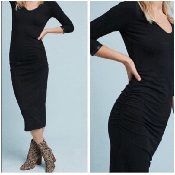 Anthropologie Michael Stars Slim Knit Dress Midi Black Xs - Picture 1 of 8